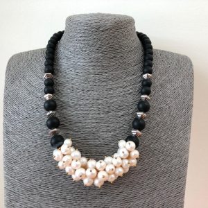 Fresh Water Pearl Grapes Design Necklace with Lava Beads