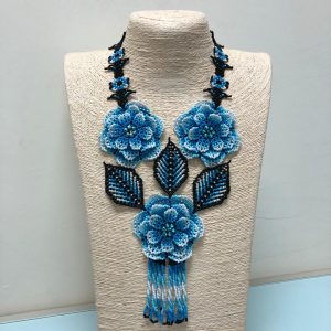 Huichol 3D Flower Necklace (Light Blue/White)