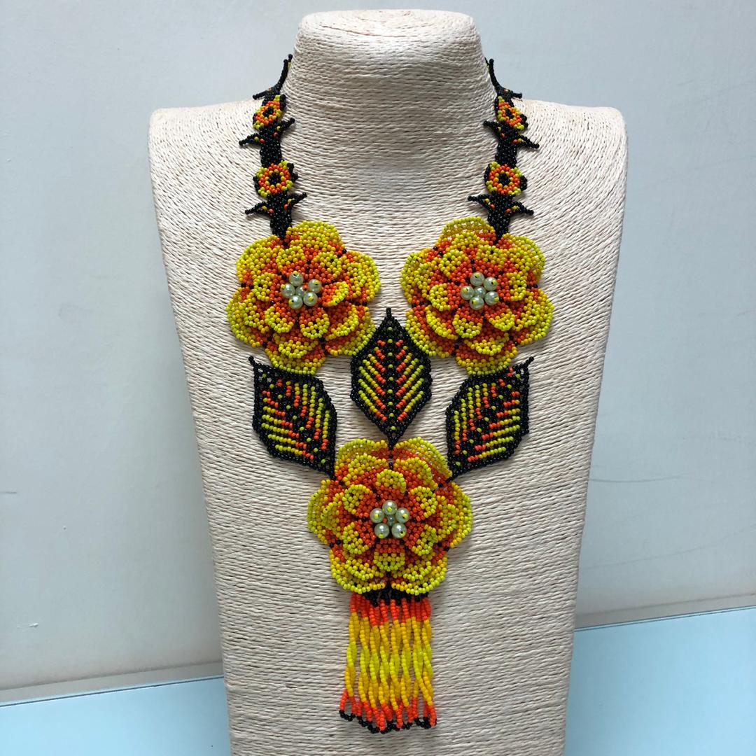 Huichol 3D Flower Necklace (Yellow/Orange)